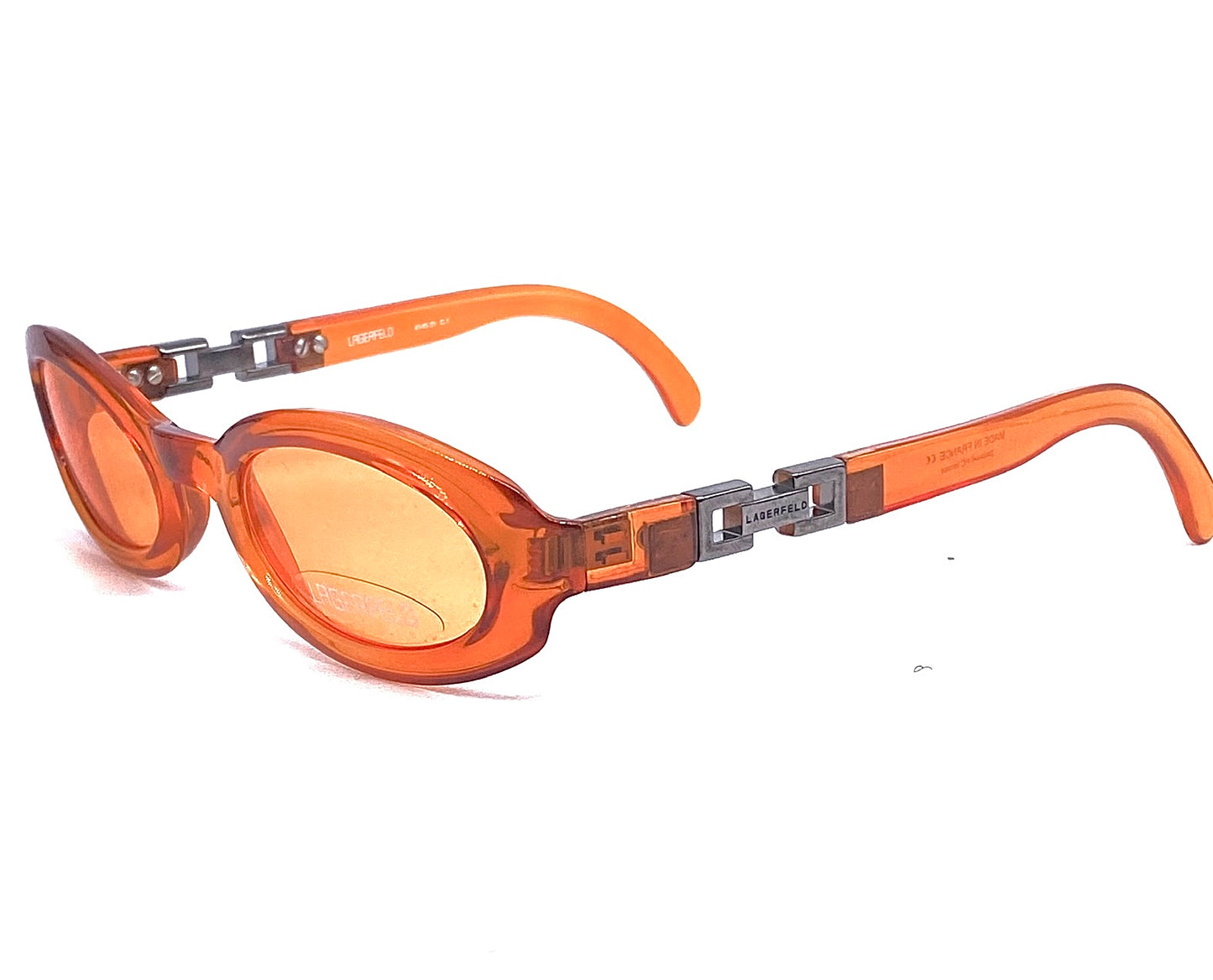 Karl Lagerfeld oval orange sunglasses with cuban chain temples detail, NOS 90s France