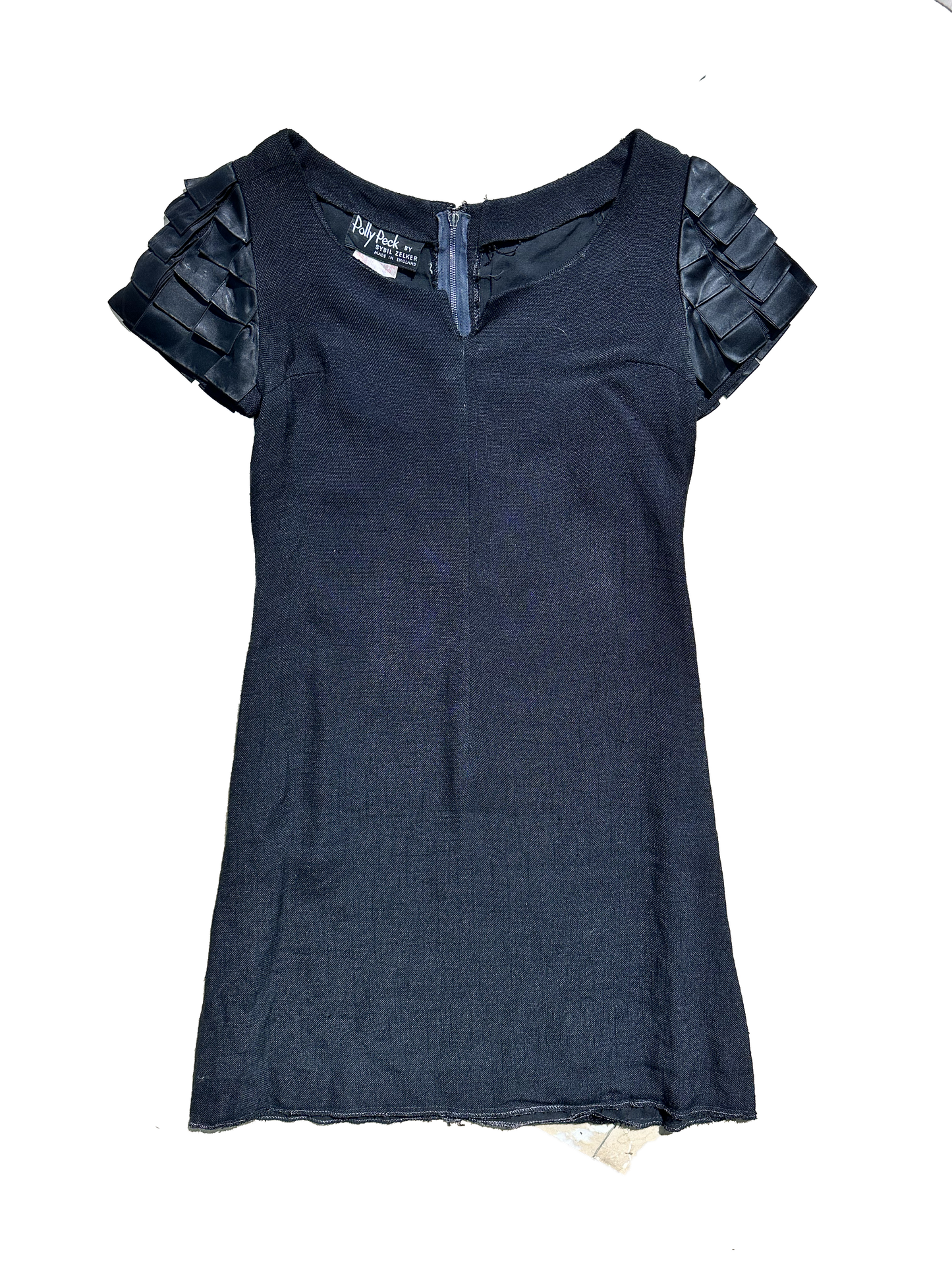 Polly Peck by Sybil Zelker black linen dress with satin ribbon detail, mint 60s UK