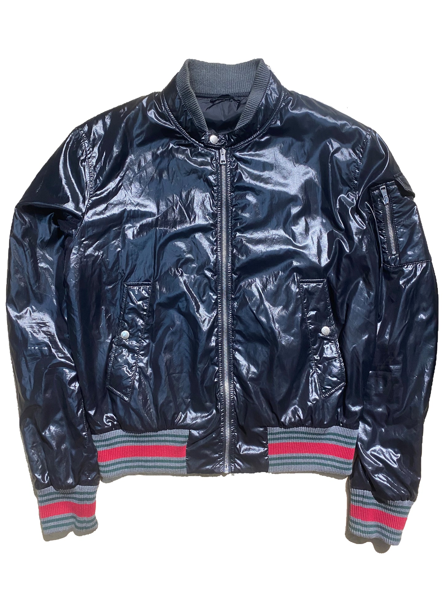 Gucci black satin / patent look bomber jacket jacket w signature cuffs & waistband, mint L