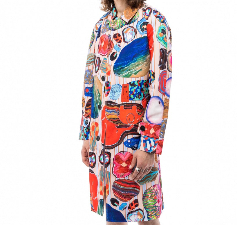 Kids of Broken Future mix Fossils colorful trenchcoat sz L, BNWT