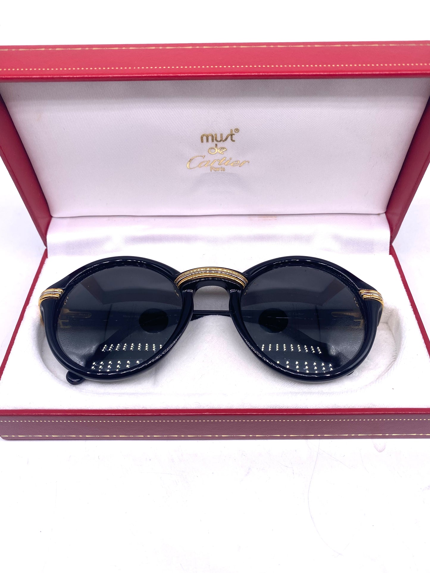 Cartier Cabriolet 49 black round cello sunglasses with trinity gold details, 90s France