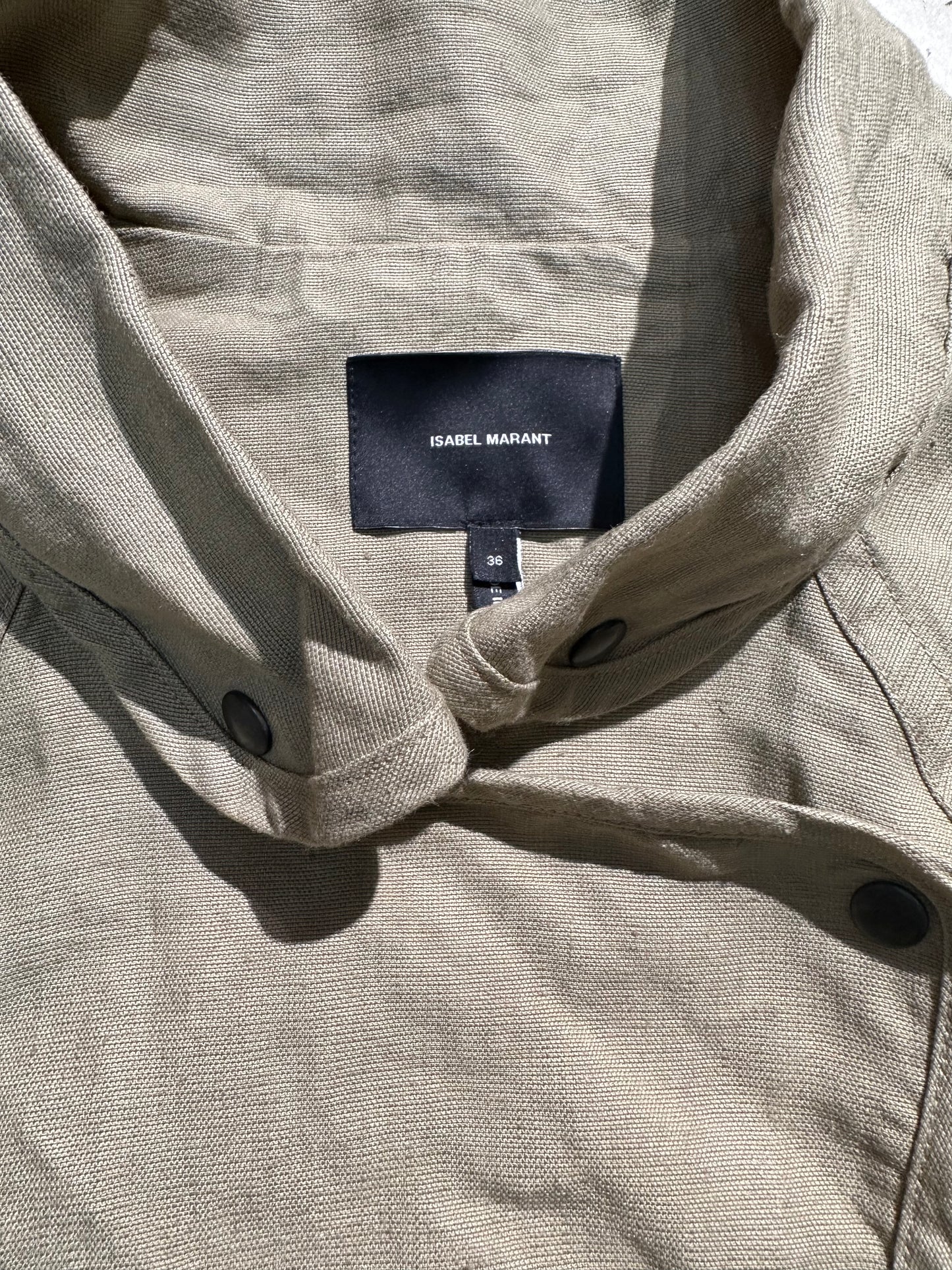 Isabel Marant military snap-up linen drawstring jacket w cropped sleeve sz 36 mint