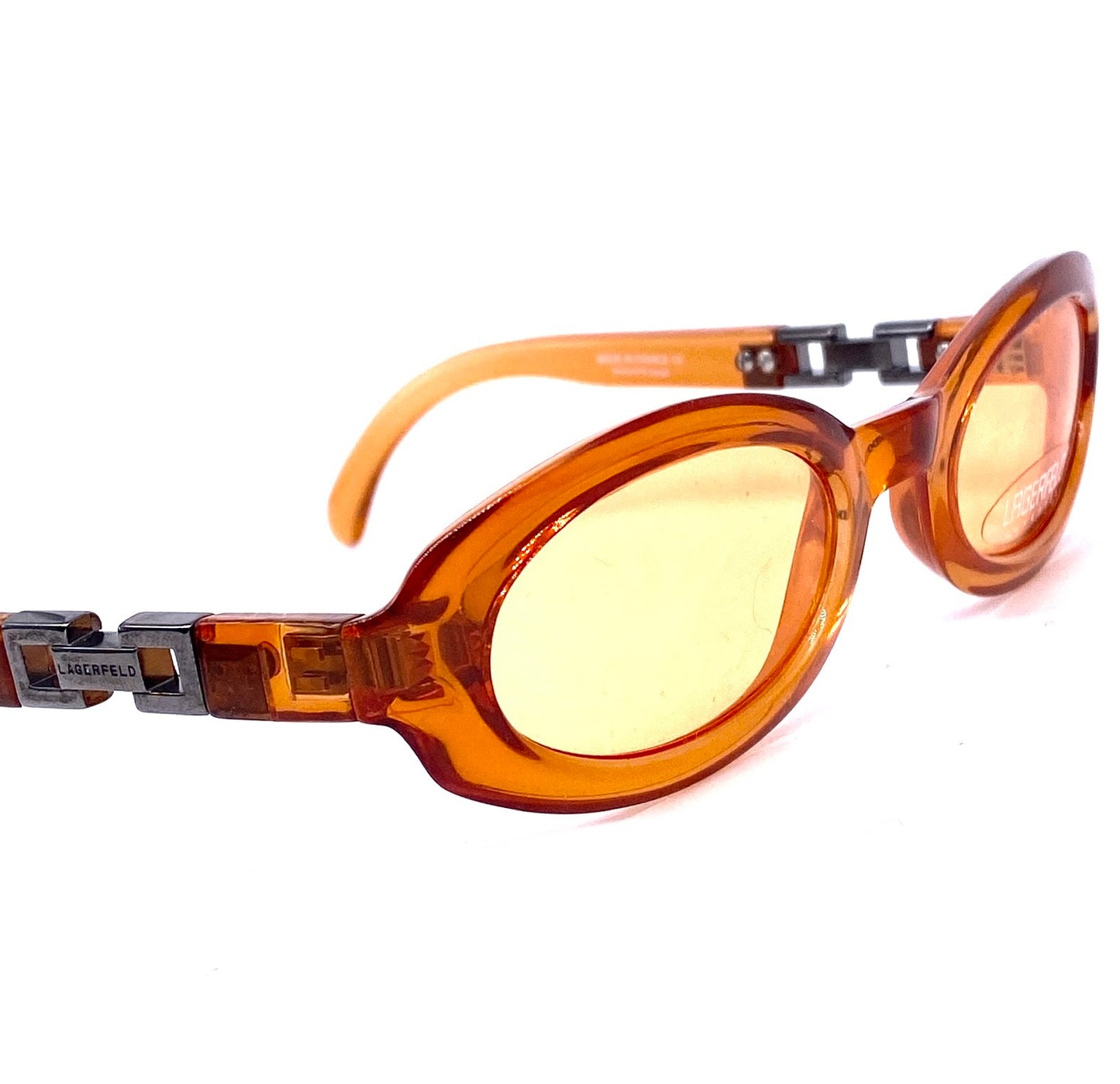 Karl Lagerfeld oval orange sunglasses with cuban chain temples detail, NOS 90s France