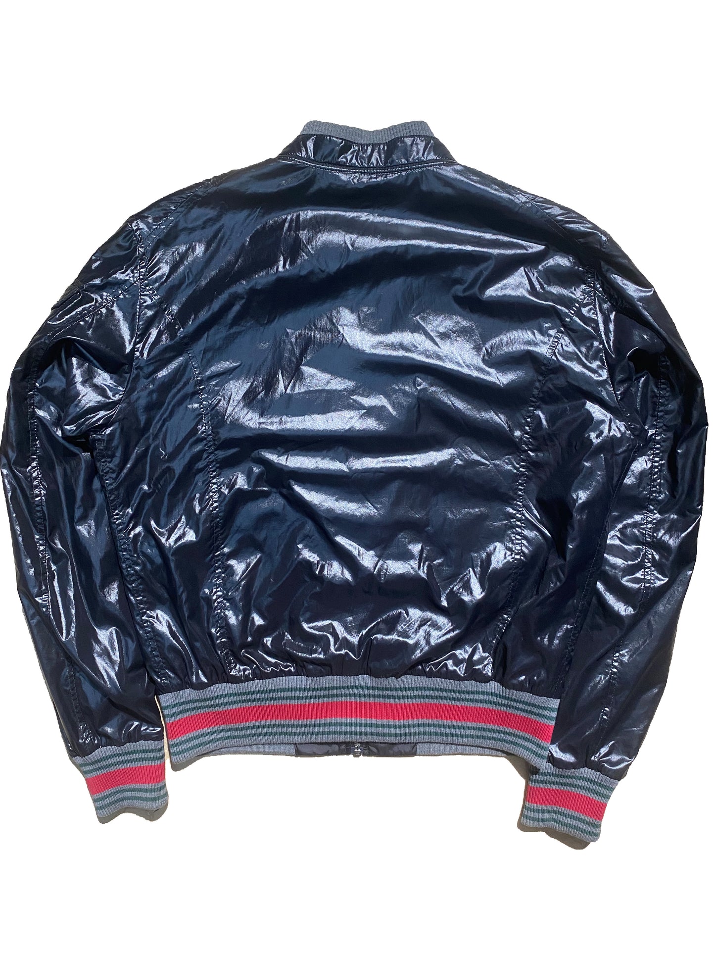 Gucci black satin / patent look bomber jacket jacket w signature cuffs & waistband, mint L