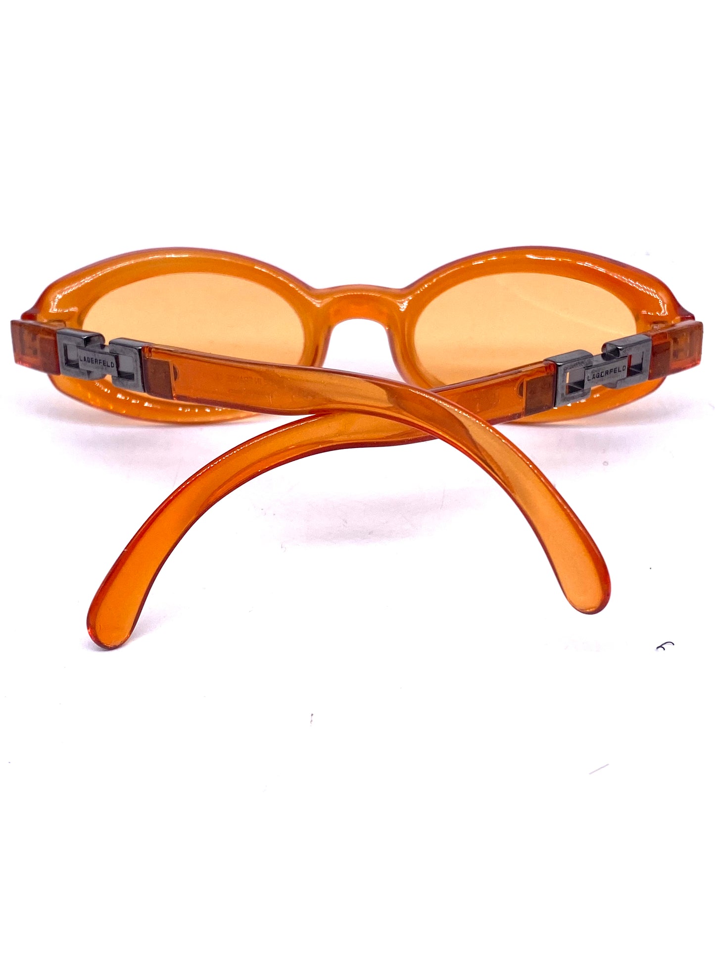 Karl Lagerfeld oval orange sunglasses with cuban chain temples detail, NOS 90s France