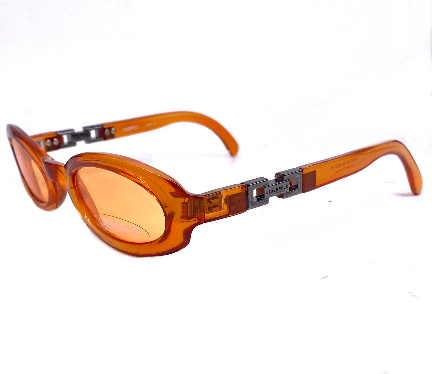 Karl Lagerfeld oval orange sunglasses with cuban chain temples detail, NOS 90s France