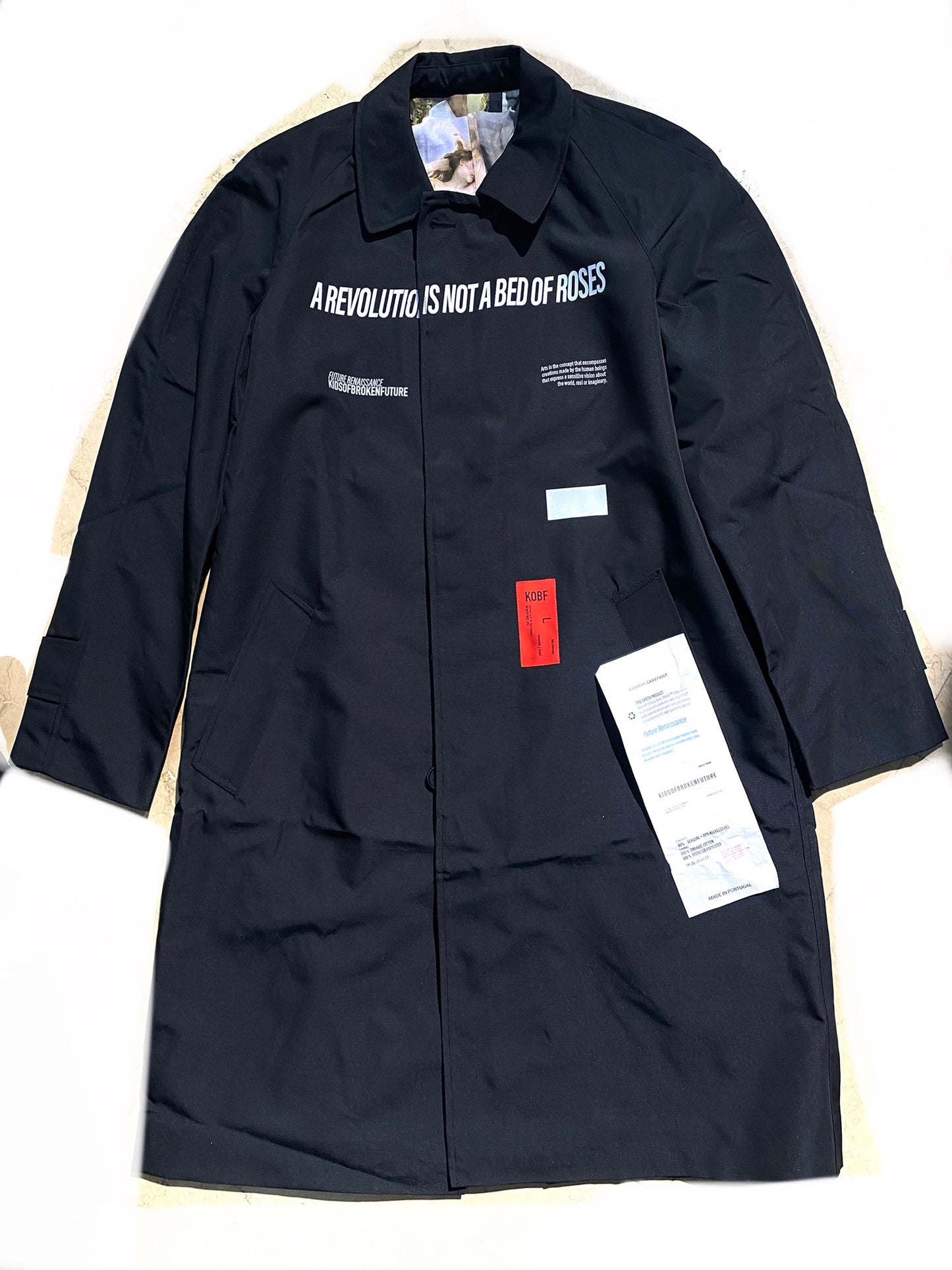 Kids of Broken Future “David” black Seaqual trenchcoat w neoclassical print cotton lining, S