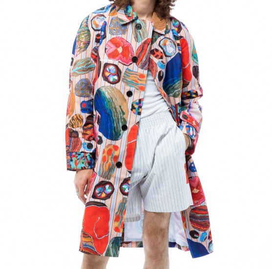 Kids of Broken Future mix Fossils colorful trenchcoat sz L, BNWT