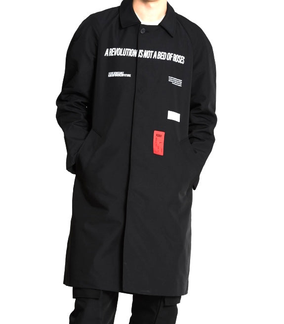 Kids of Broken Future “David” black Seaqual trenchcoat w neoclassical print cotton lining, S