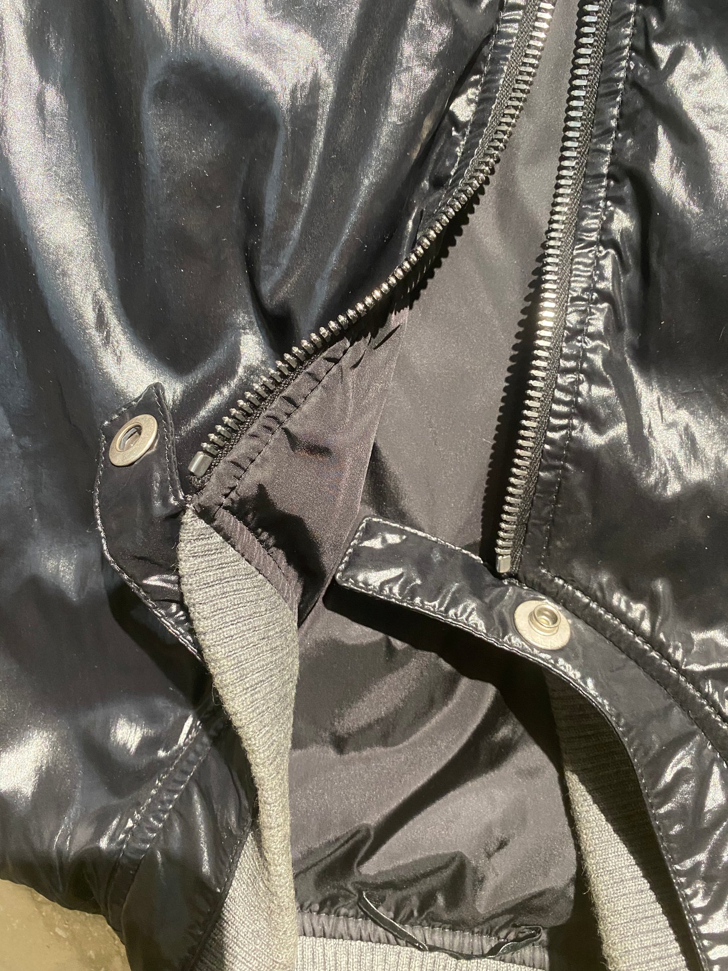 Gucci black satin / patent look bomber jacket jacket w signature cuffs & waistband, mint L