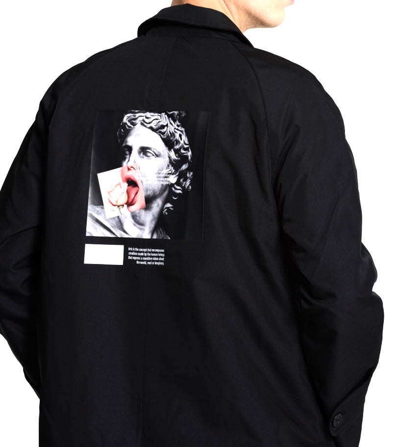 Kids of Broken Future “David” black Seaqual trenchcoat w neoclassical print cotton lining, S