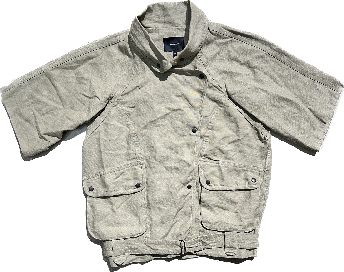Isabel Marant military snap-up linen drawstring jacket w cropped sleeve sz 36 mint