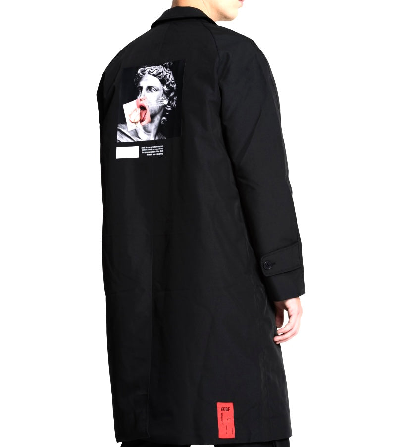 Kids of Broken Future “David” black Seaqual trenchcoat w neoclassical print cotton lining, S