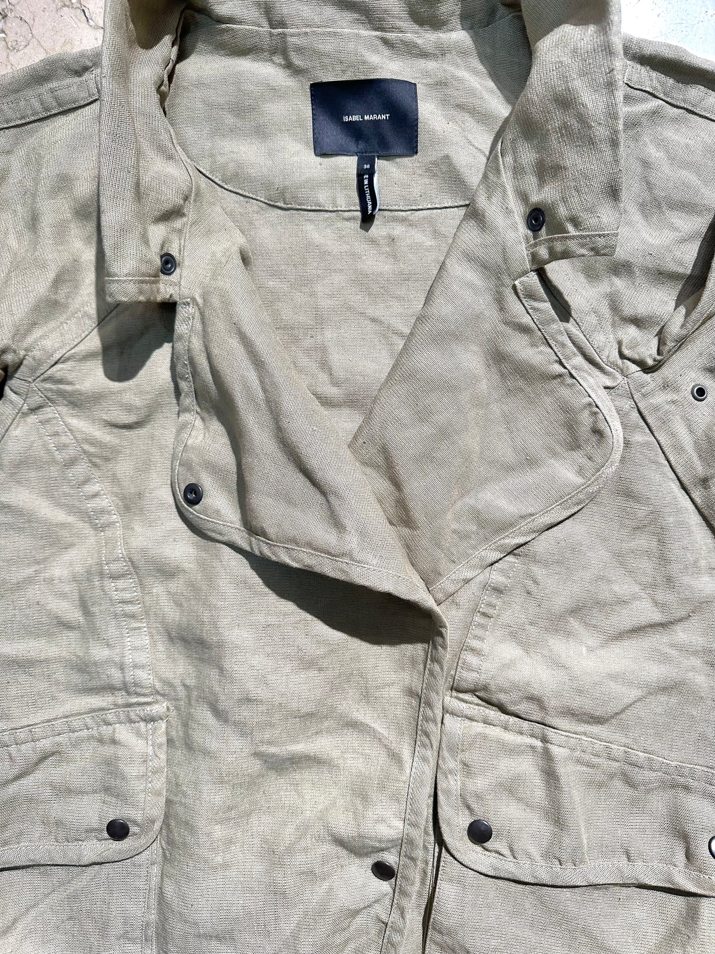 Isabel Marant military snap-up linen drawstring jacket w cropped sleeve sz 36 mint