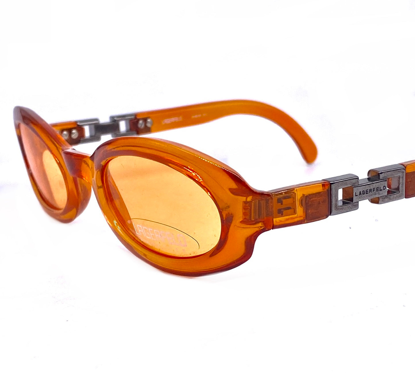 Karl Lagerfeld oval orange sunglasses with cuban chain temples detail, NOS 90s France
