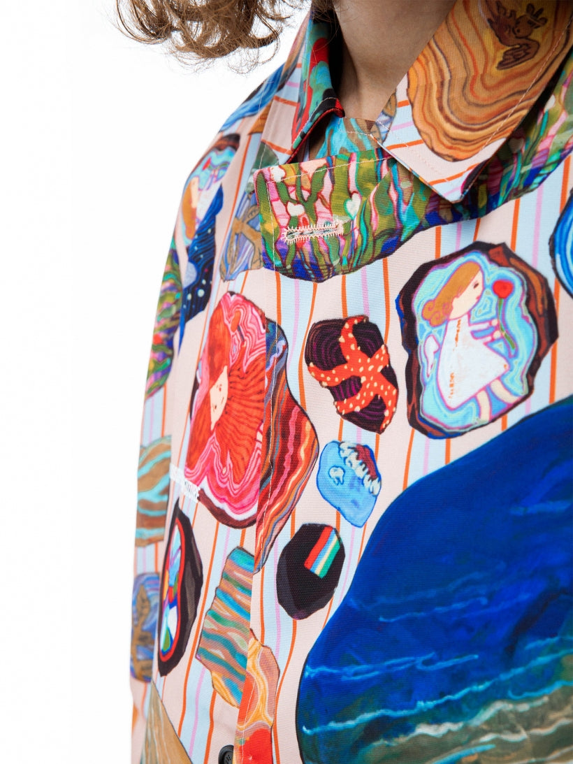 Kids of Broken Future mix Fossils colorful trenchcoat sz L, BNWT