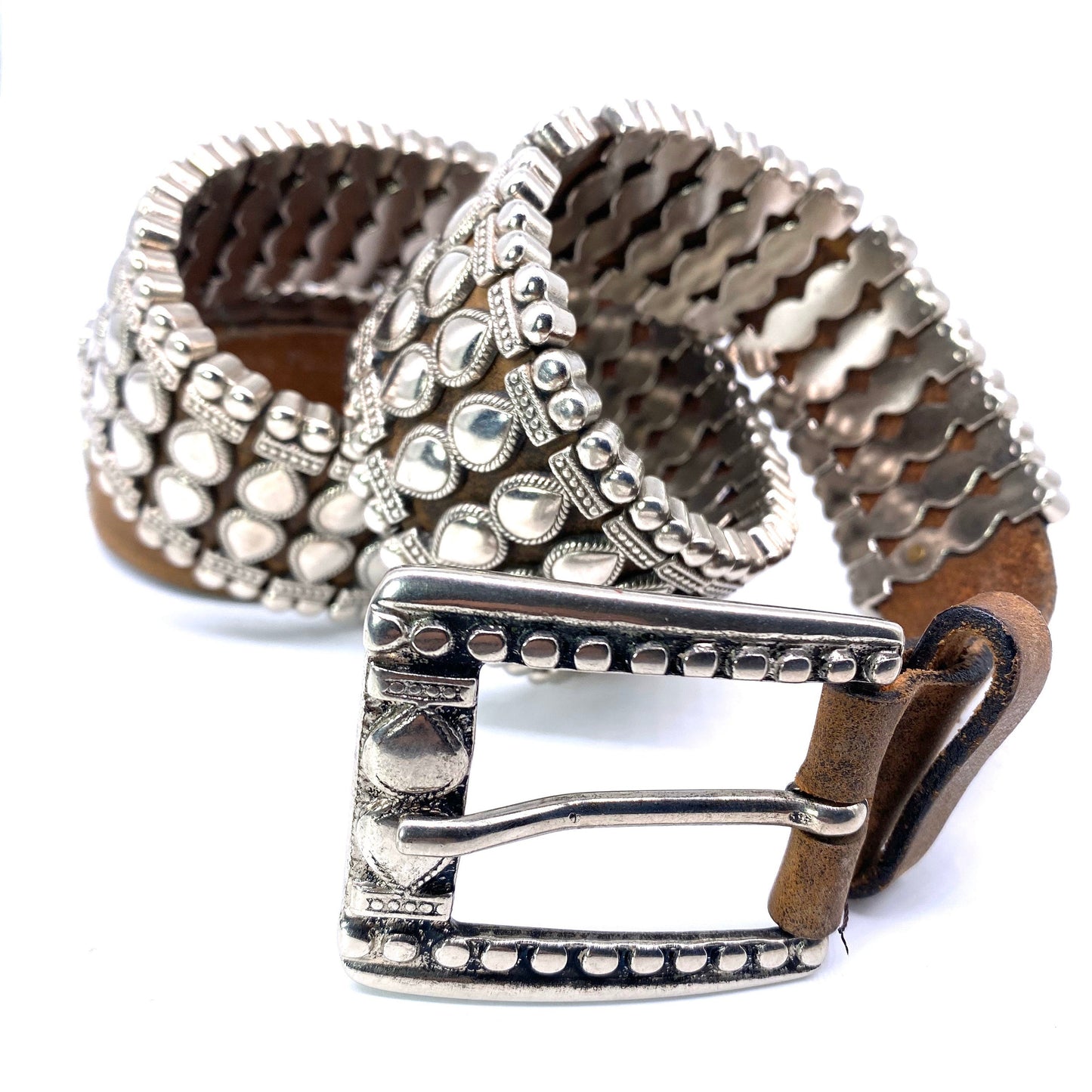 Rocking tan leather & silver metal belt, 1980s NOS made in Italy