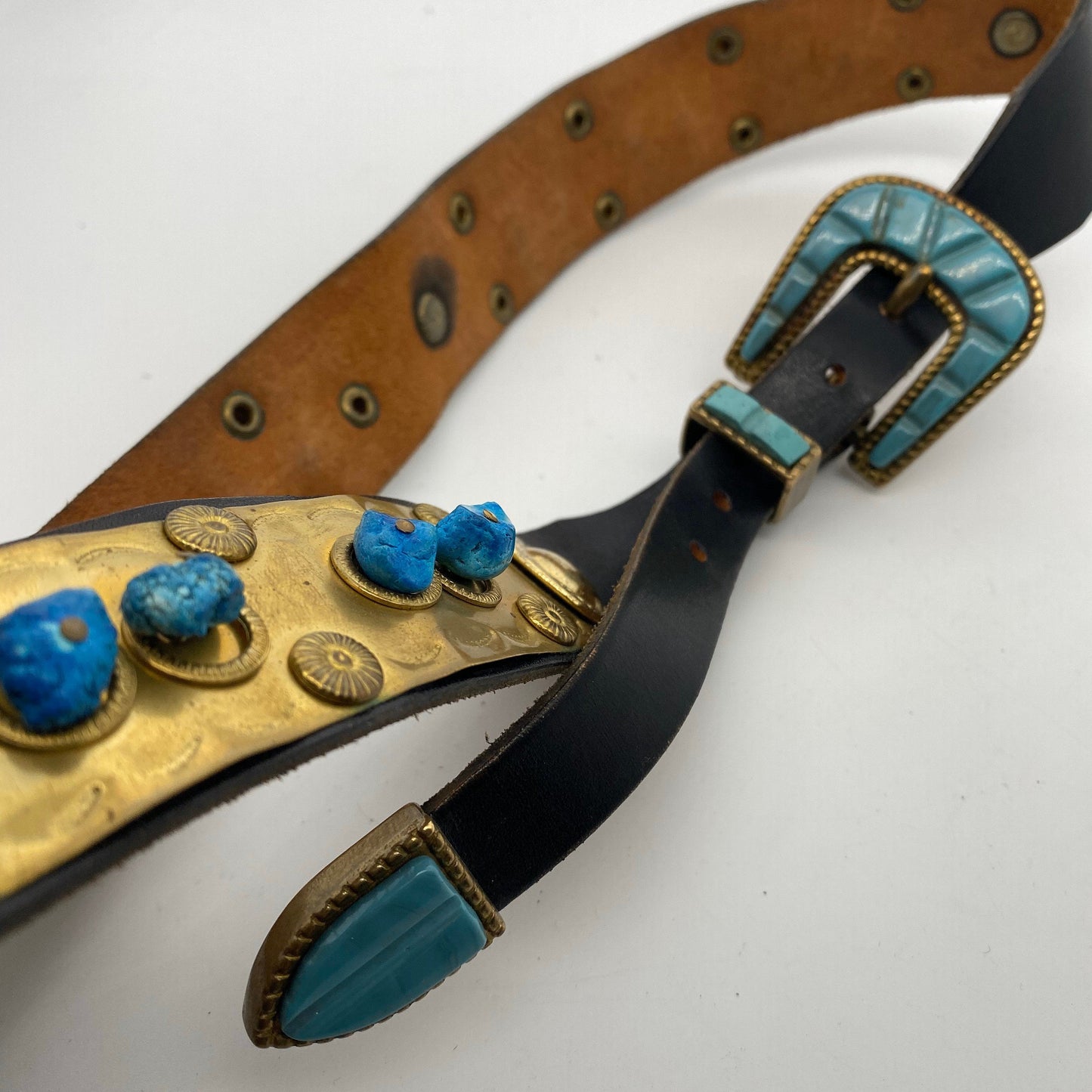 Precious artisanal leather / brass / turquoise stones ladies belt made in Italy, 80s NOS