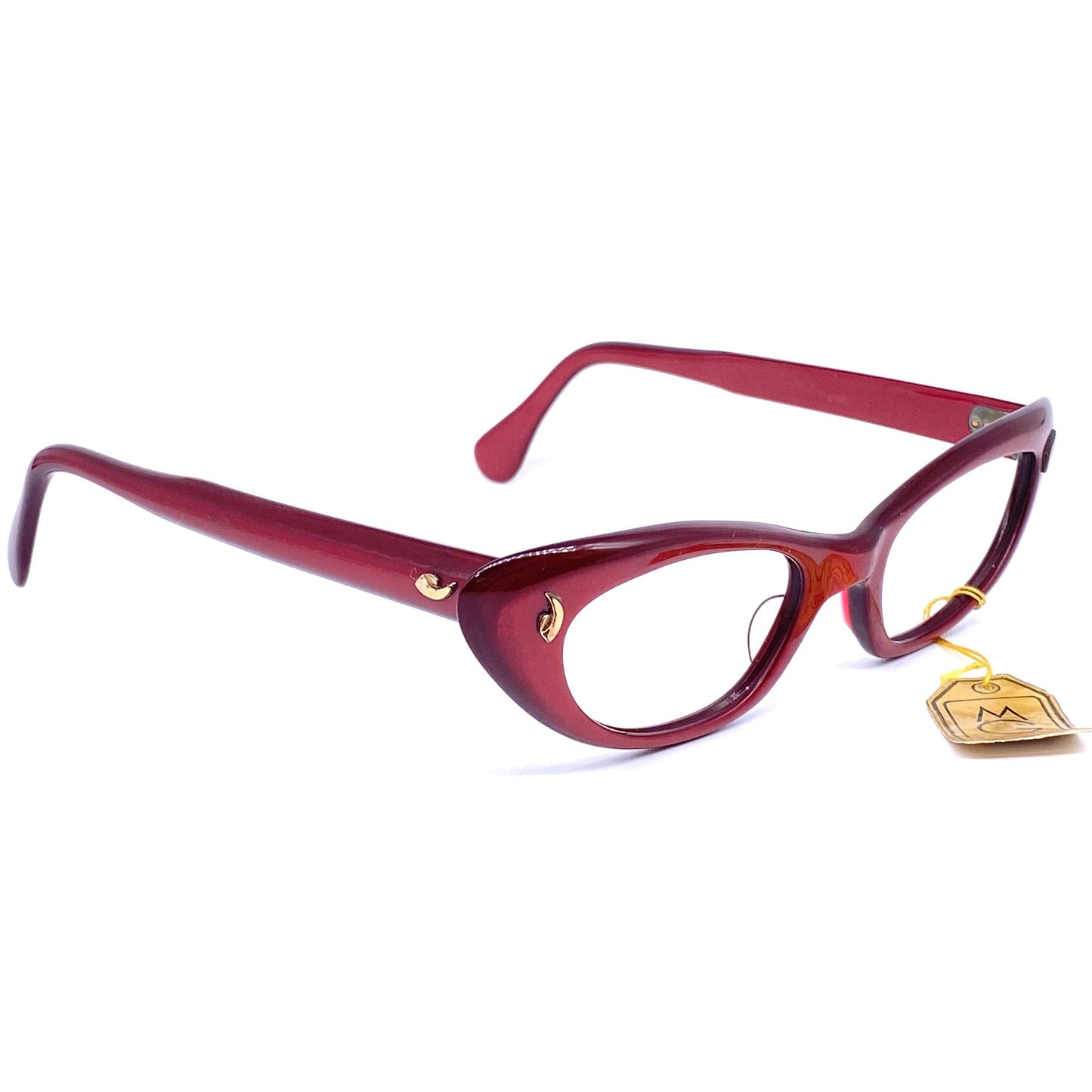 Interoptica 1950s NOS cateye eyeglasses frames, burgundy with gold pins, mint condition new with tags.