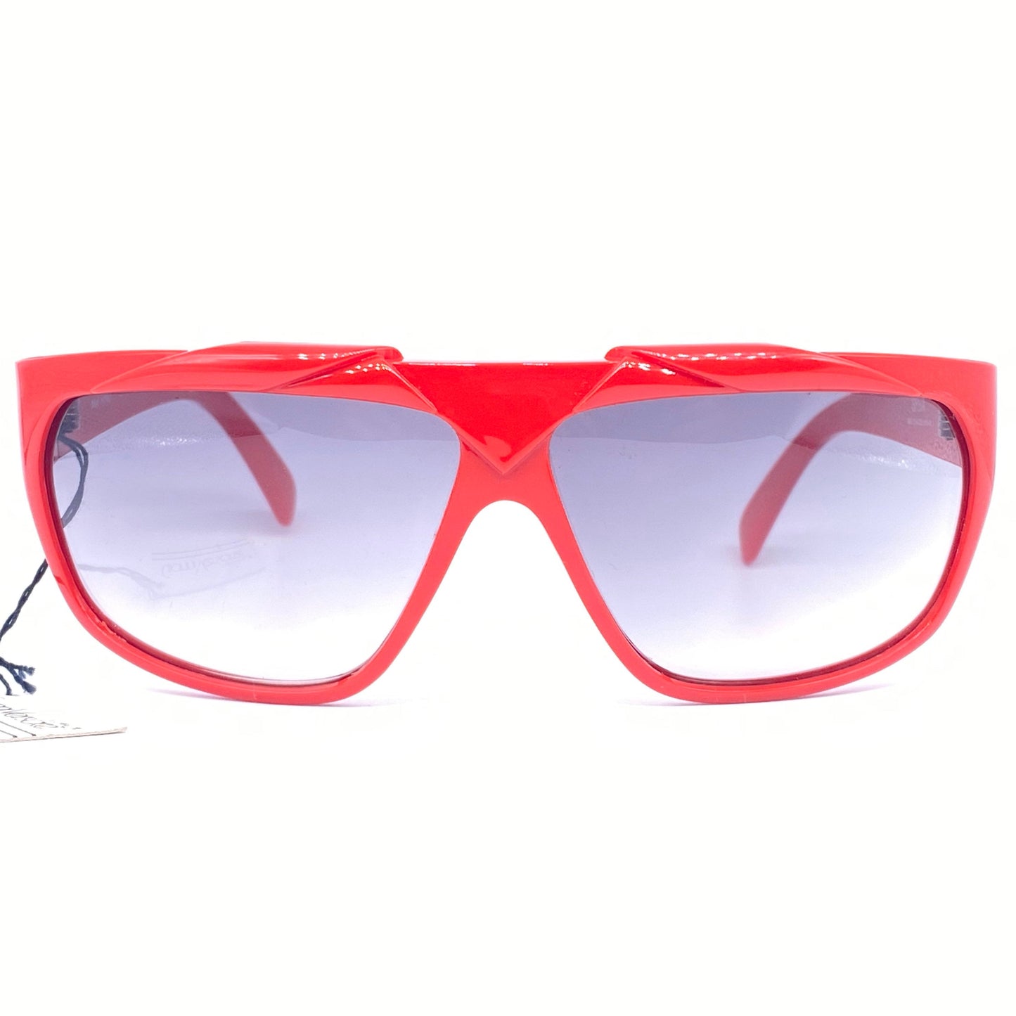 Gianni Versace red wrap modernist sunglasses with geometrical carvings, Italy 1980s NOS