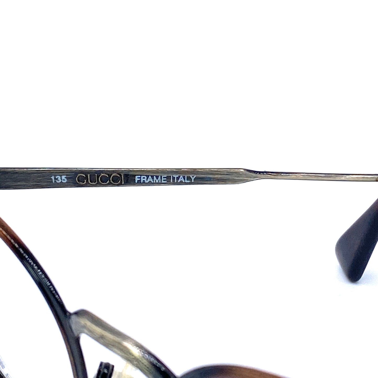 Gucci round deco style glasses, tortoise rims & carved gunmetal temples, NOS 1980s