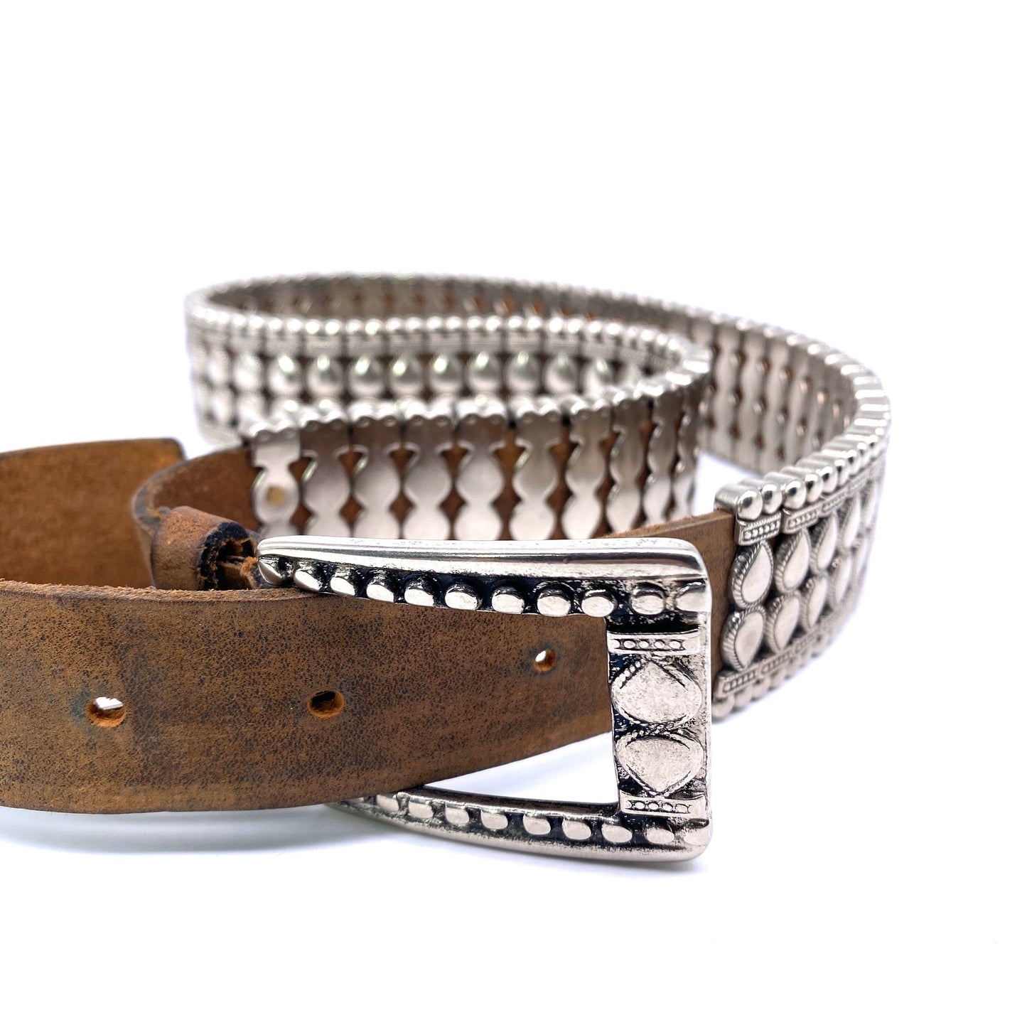 Rocking tan leather & silver metal belt, 1980s NOS made in Italy