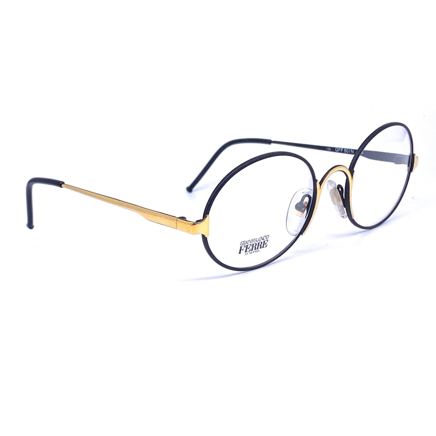 Gianfranco Ferré 50 modernist oval black/gold metal eyeglasses frames, 1990s NOS Italy