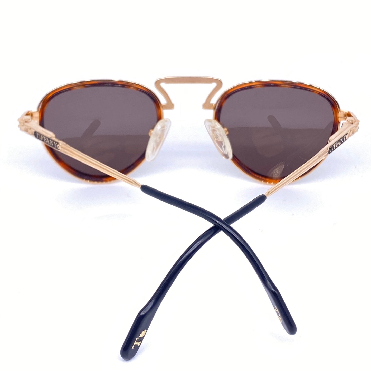 Tiffany T15 round hip sunglasses, 23k gold filled with tortoise rims, Italy 1980s NOS