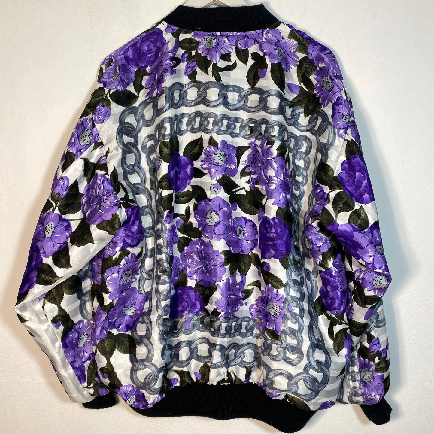 Baroque bomber jacket, chanel style silver chains & purple flowers, as M/L mid seasons