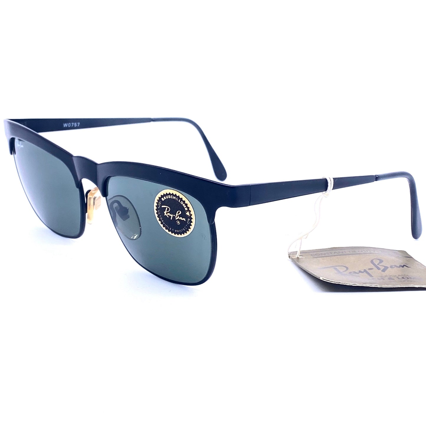 RayBan B&L W0757 square matte black metal sunglasses with thick browline, 1980s NOS