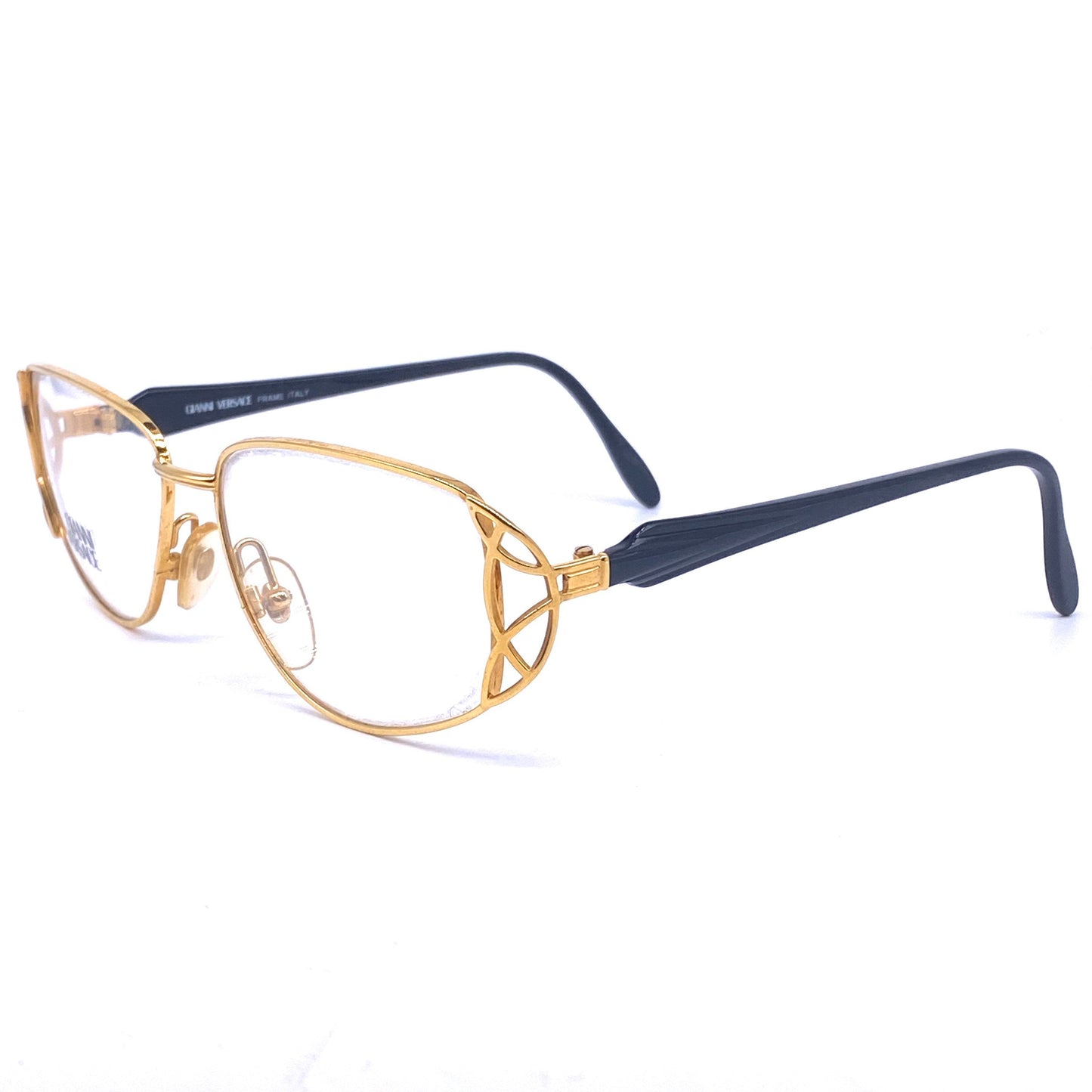 Gianni Versace V33 gorgeous oversized ladies eyeglasses, golden cutoff frame and black temples, 90s NOS