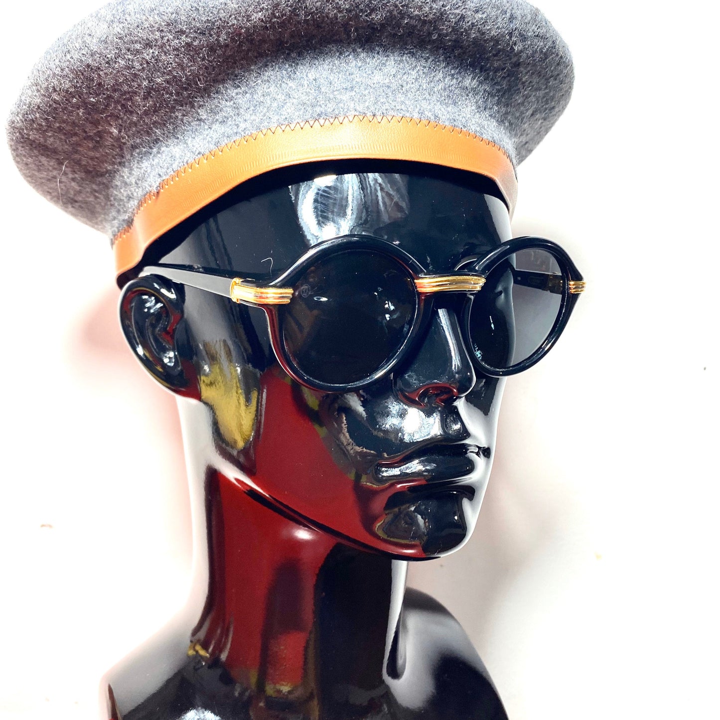 Cartier Cabriolet 49 black round cello sunglasses with trinity gold details, 90s France