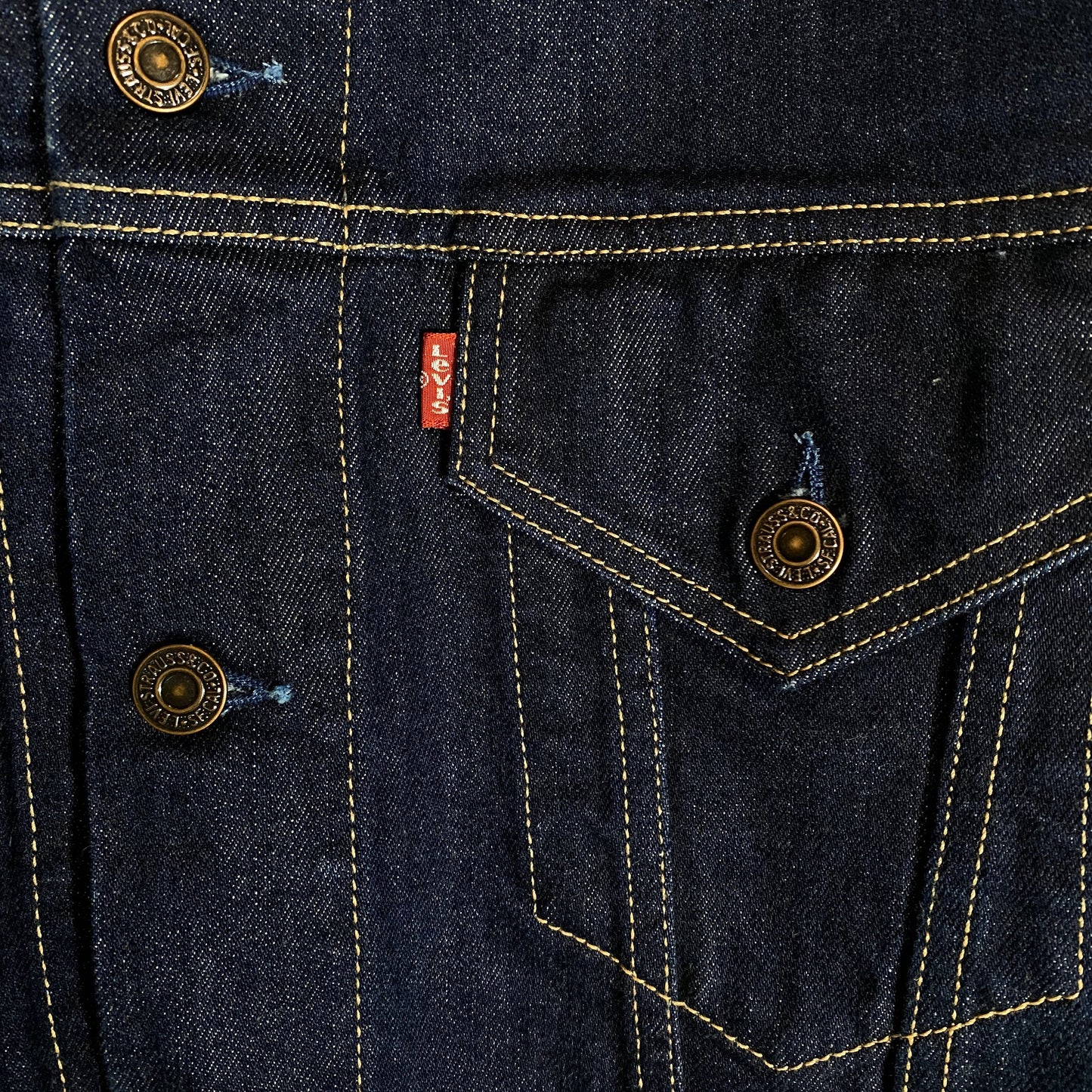 Levi’s red tab slim fit L size trucker denim jacket, dark indigo blue, new with tags, mint.