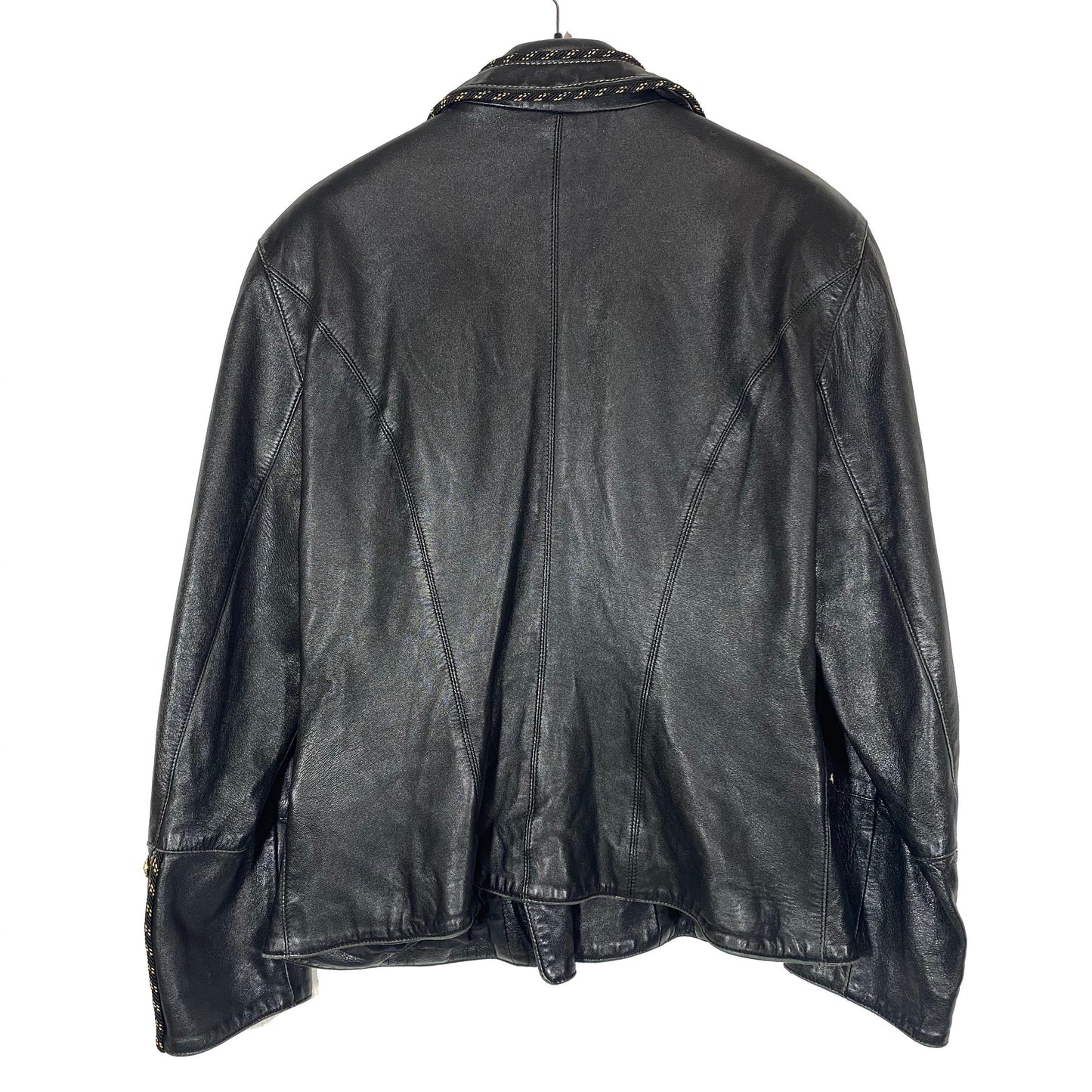 MCM black leather chiodo biker jacket for ladies, with golden metal adornements, mint