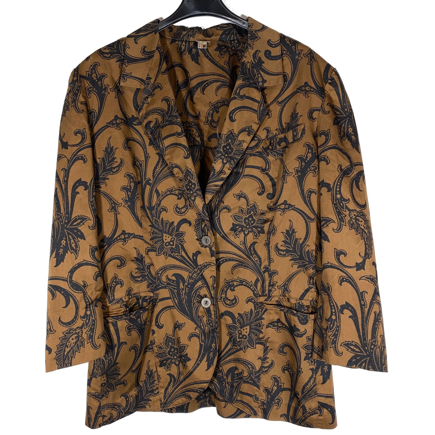 Swan brown light cotton blazer with black baroque print allover, NOS 70s