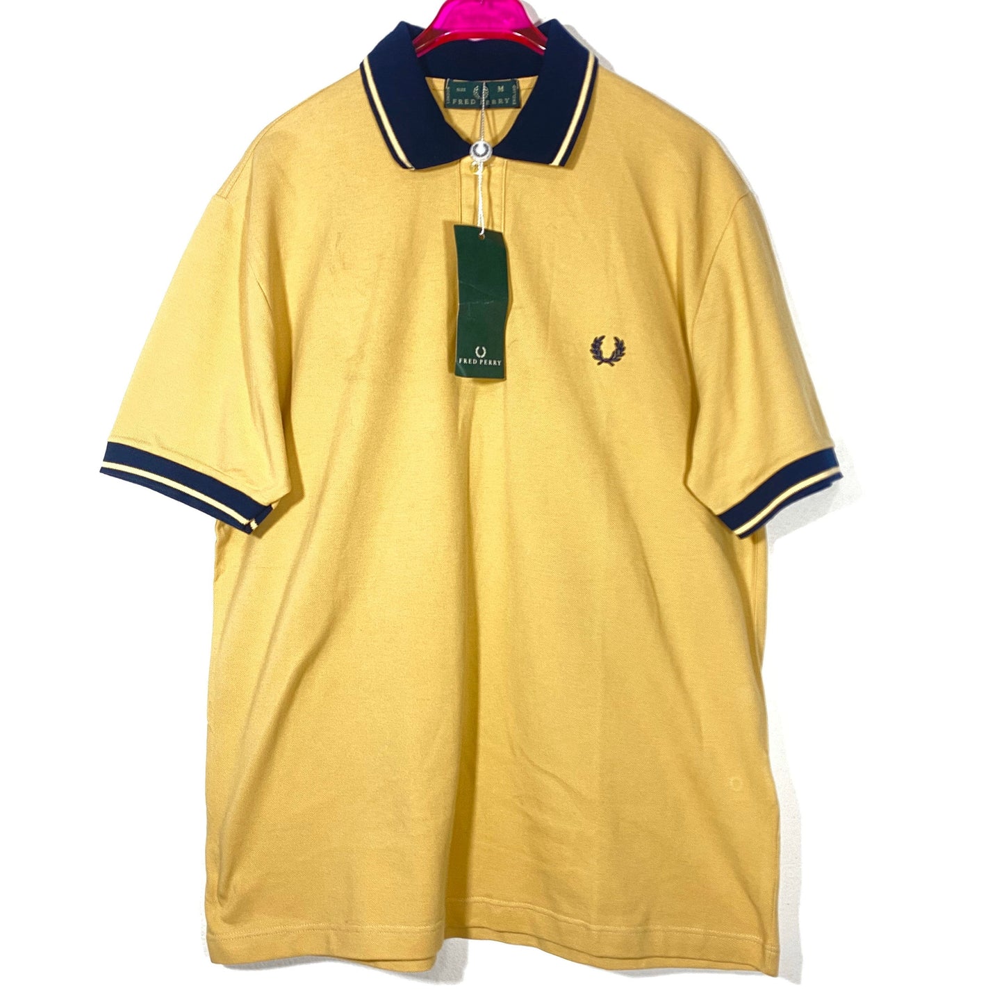 Fred Perry mustard/navy cotton piquet classic polo shirt w navy blue stripes & logo, size M, 90s with tags