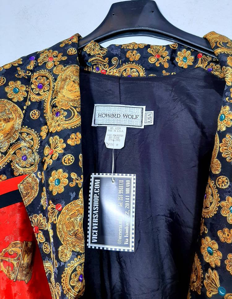 1980s colorful short blazer, Versace style whit Incredible baroque print by Howard Wolf made in the Usa