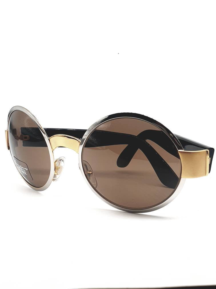 Gianfranco Ferrè GFF 312/S Gold Black and silver vintage oversized round lens sunglasses NOS 1990s.