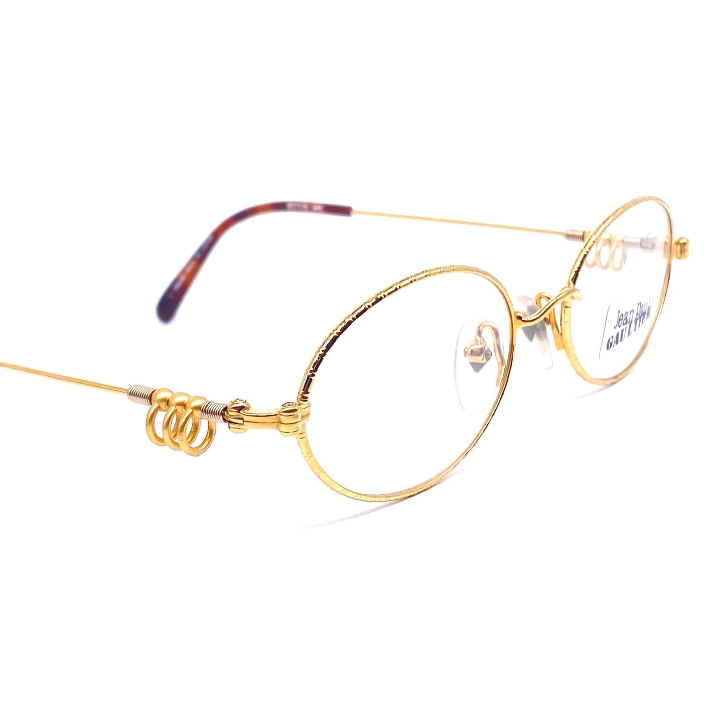 Junior Gaultier 55-5101 oval gold plated frames with coolest rings & Springs detail on the temples and hinges, NOS 90s japan.