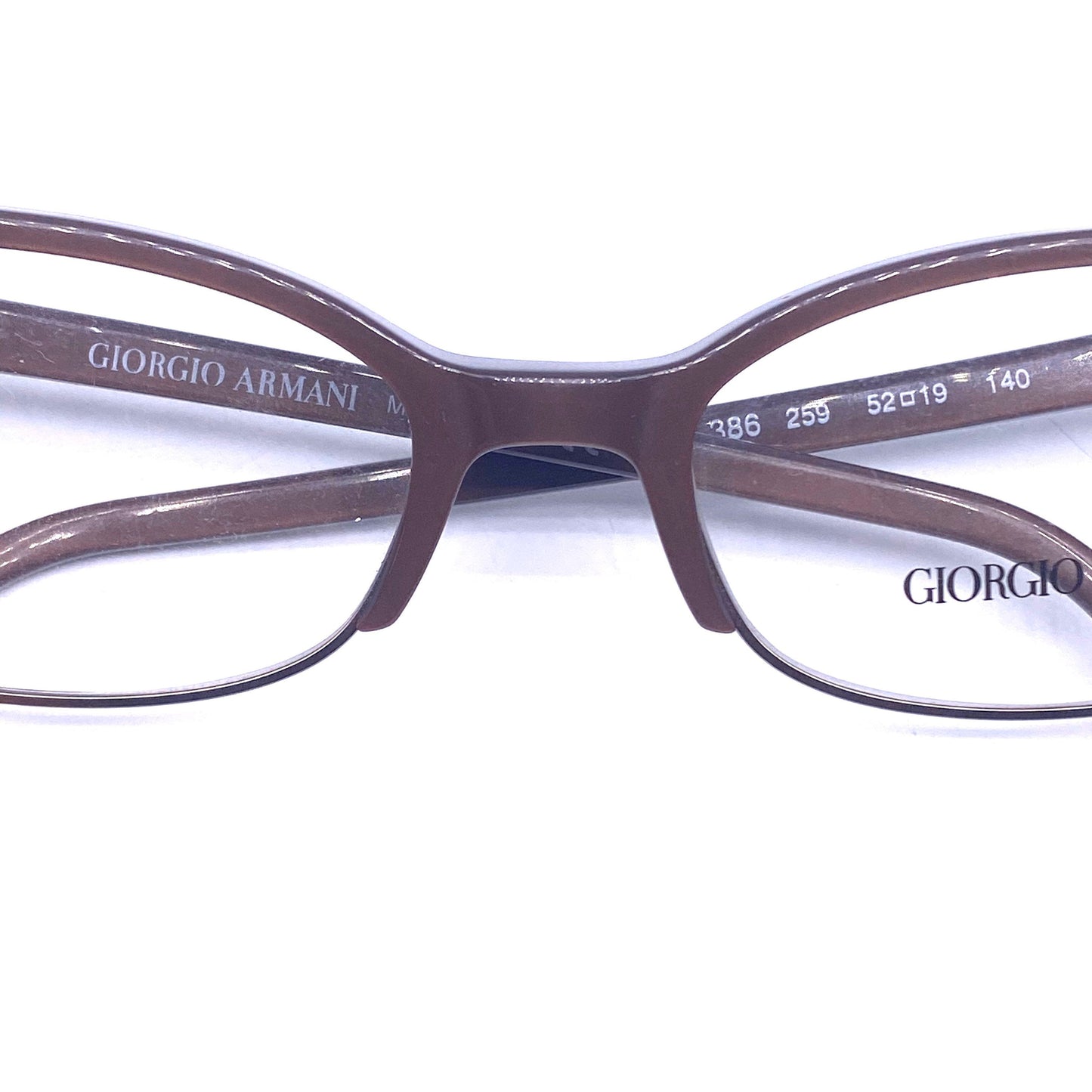 Giorgio Armani 386 minimal ladies eyeglasses, rectangular shape in brown cello & golden metal, NOS 90s ITA