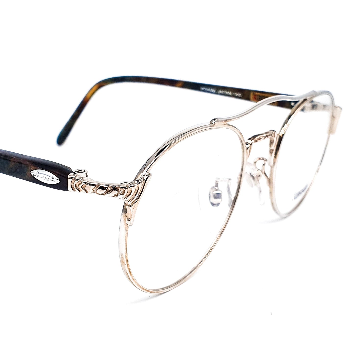 Kansai minimalist round metallic aviator metal eyeglasses with acetate tortoise temples made in Japan, 1980s NOS