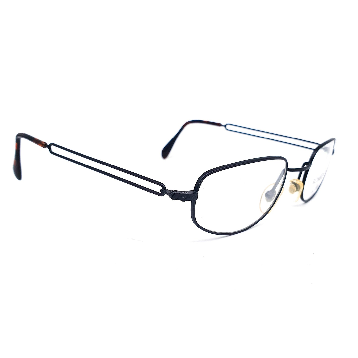 Romeo Gigli RG83 minimal square metal eyeglasses frame with cutoff temples design, in gunmetal grey or black, NOS 80s Italy