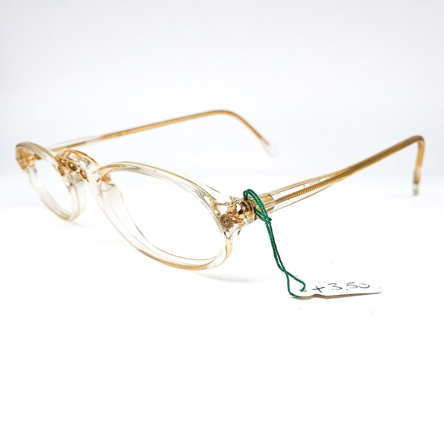 Jewelled half moon reading glasses with gold framed rhinestones on the nose bridge and hinges, Gambini, 80s NOS