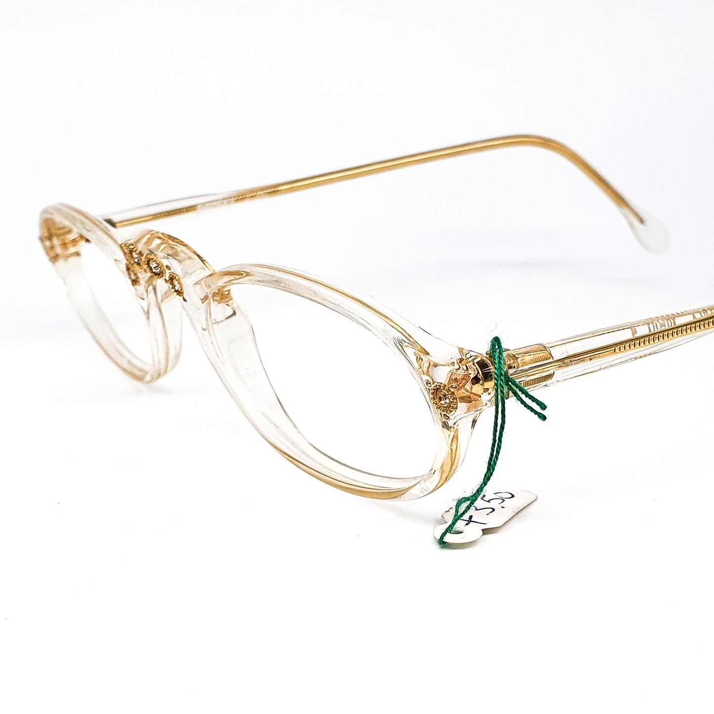 Jewelled half moon reading glasses with gold framed rhinestones on the nose bridge and hinges, Gambini, 80s NOS