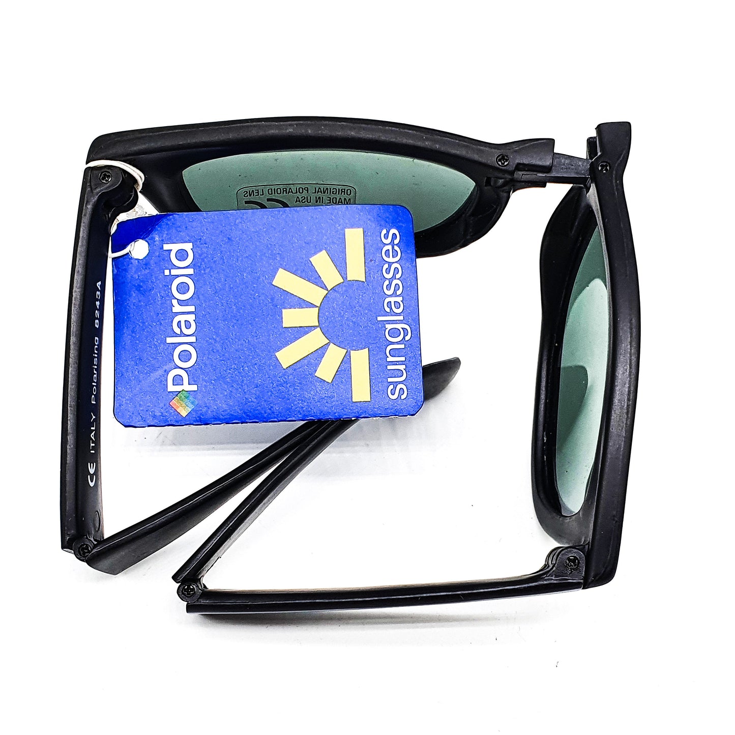 Polaroid 8243A vintage classic foldable black cellulose acetate wayfarer sunglasses, 1990s NOS. Framed in Italy