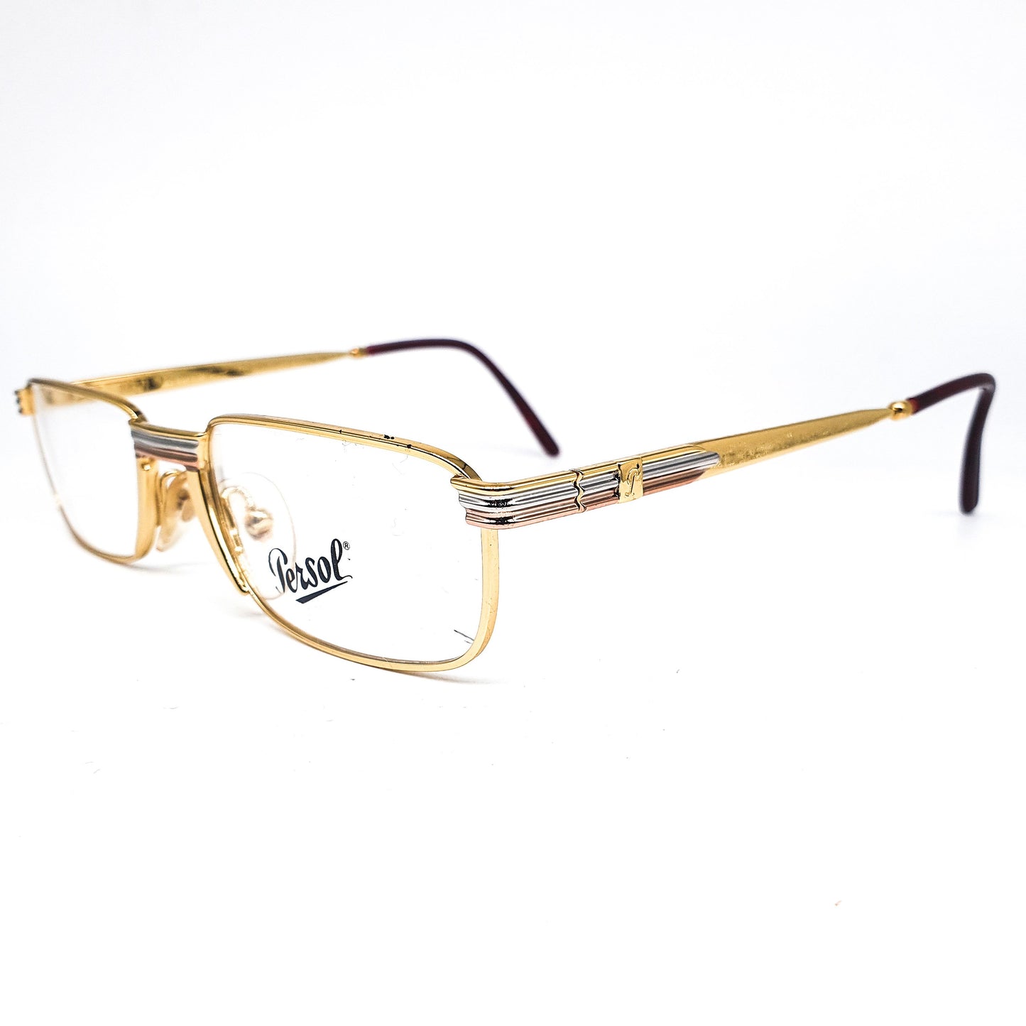Persol Ratti Landor golden metallic square eyeglasses frames hand made in Italy with special nose bridge and hinges, 1980s NOS