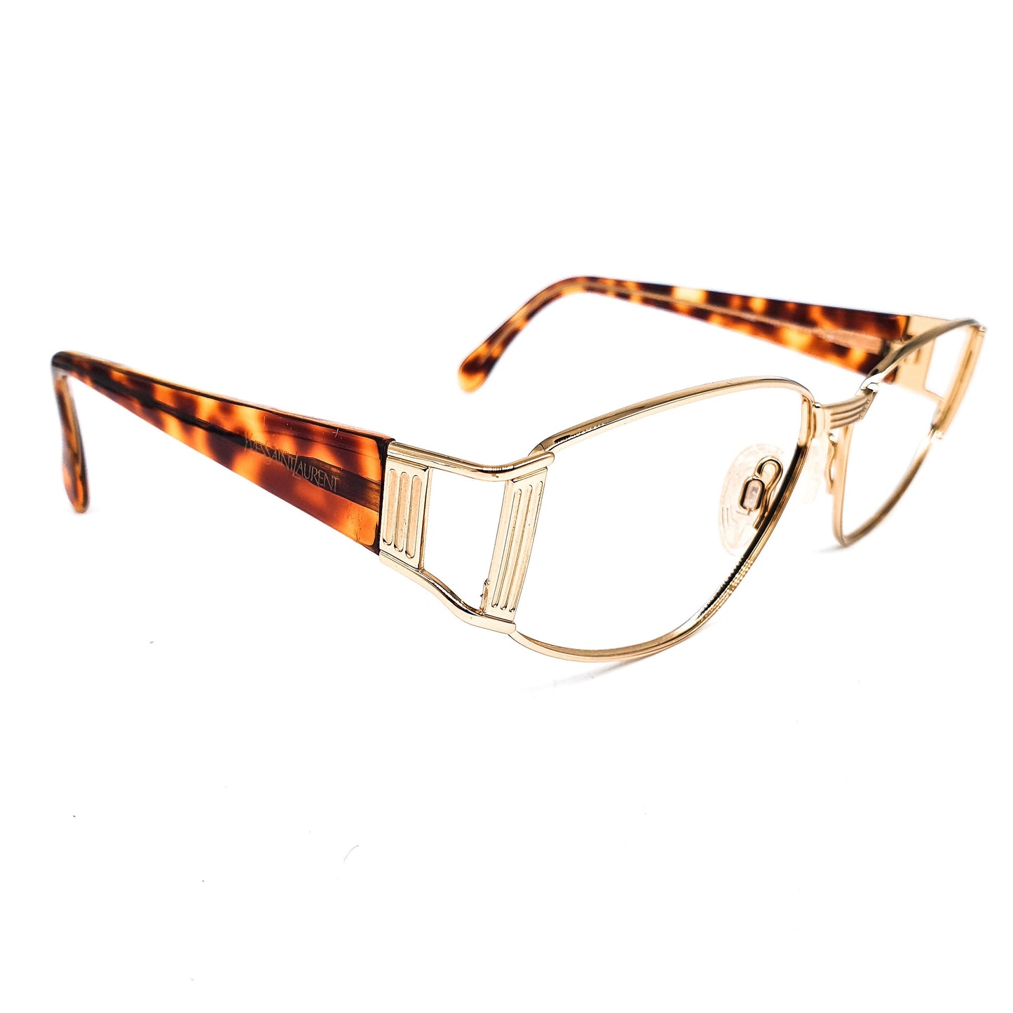 YSL Saint Laurent y101 golden square drop shape metal eyeglasses frames with bold brown tortoise temples.