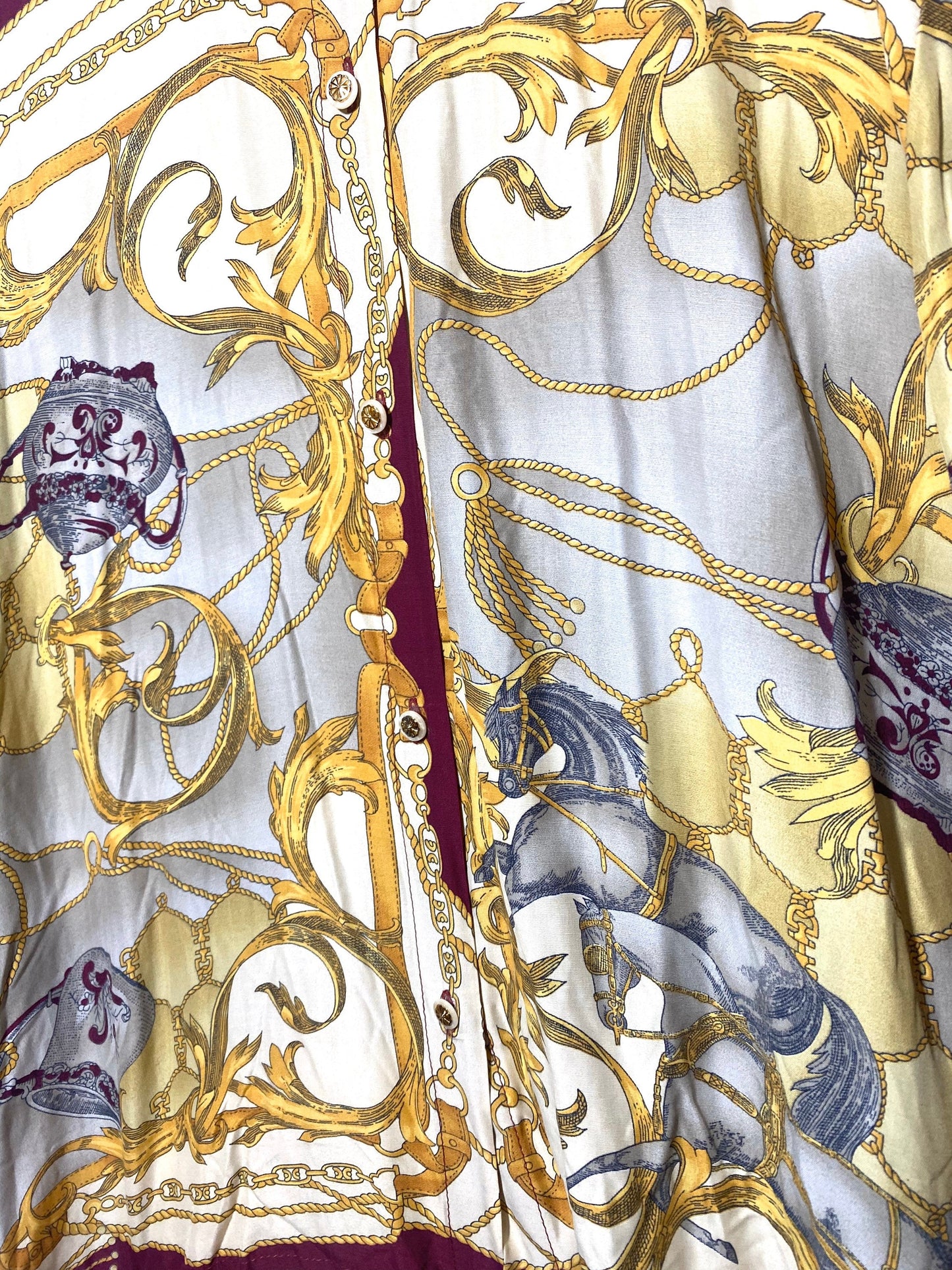 Incredible baroque chain print shirt with horses and teapots allover, beautiful viscose fabric, 80s and mint