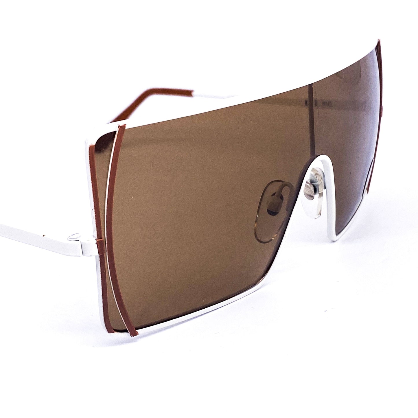 Krizia modernist brown/white metal framed shield wrapping sunglasses with vertical line on the nose bridge area, 1980s NOS made in Italy
