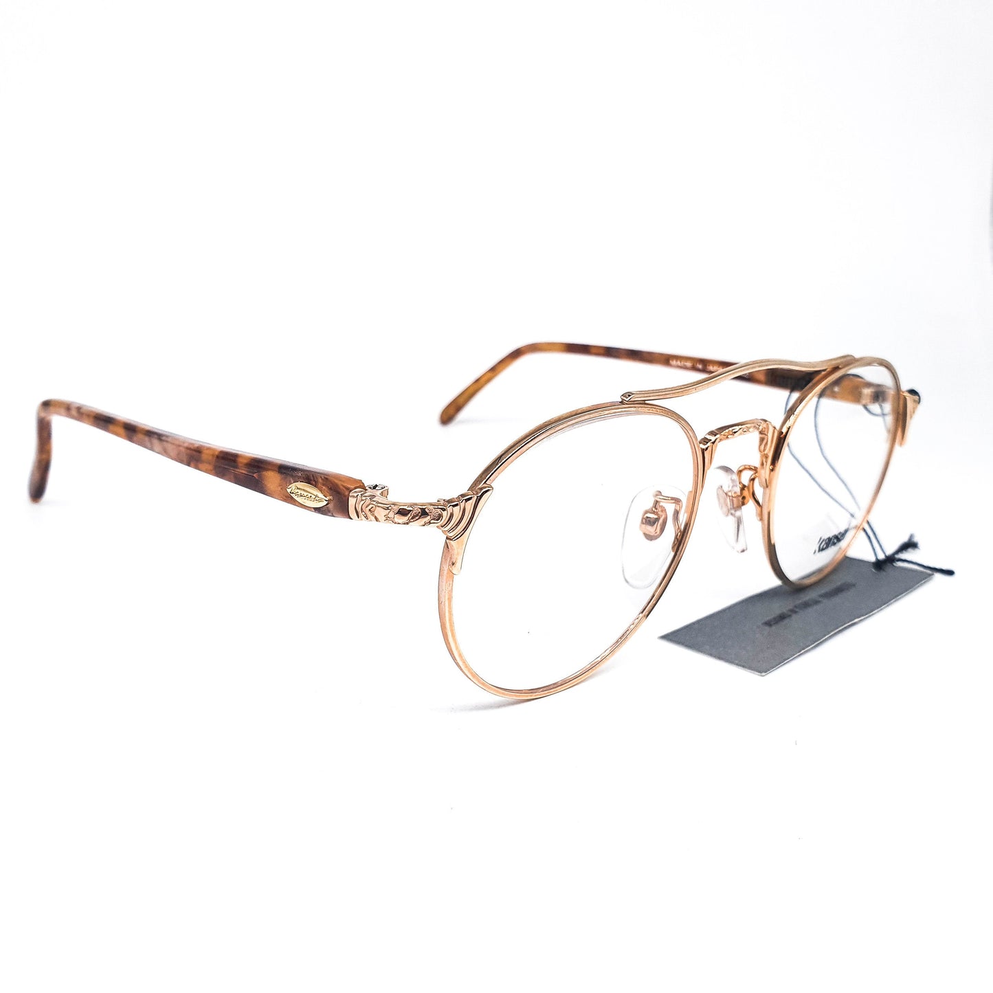 Kansai KY057V minimalist round golden metallic aviator eyeglasses with acetate tortoise temples made in Japan, 1980s NOS